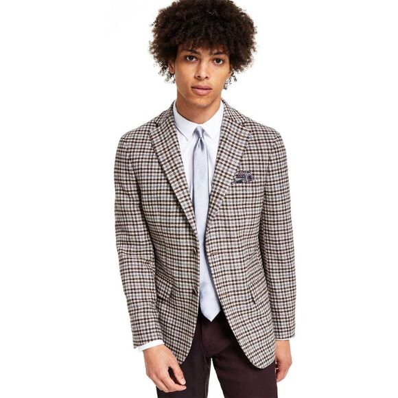 Tallia Mens Slim-Fit Wool Check Sport Coat 40 Regular Brown/Gray - NWT $295
